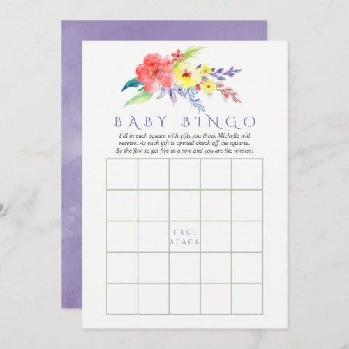 Colorful Watercolor Floral Baby Shower Bingo Invitation