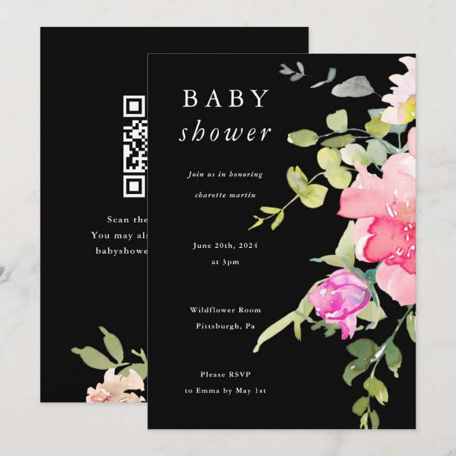 Colorful Watercolor Floral Baby Shower Black Invitation (Front/Back)
