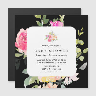 Colorful Watercolor Floral Baby Shower Black Magnetic Invitation