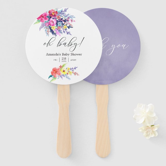 Colorful Watercolor Floral Baby Shower Hand Fan (Front and Back)