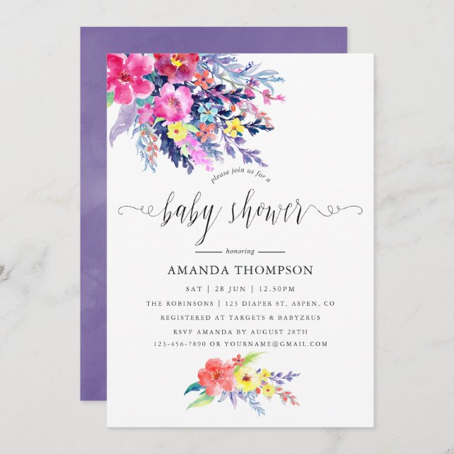 Colorful Watercolor Floral Baby Shower Invitation (Front/Back)