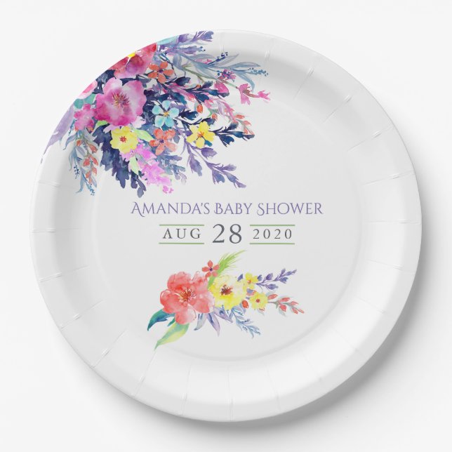 Colorful Watercolor Floral Baby Shower Paper Plates (Front)