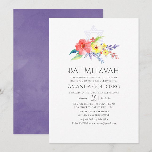 Colorful Watercolor Floral Bat Mitzvah Invitation (Front/Back)