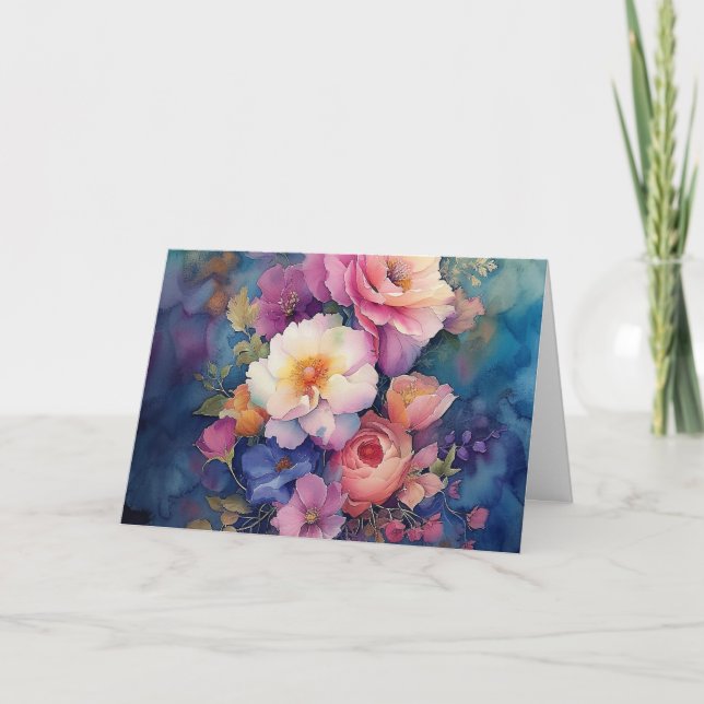 Colorful Watercolor Floral Blank Note Card  (Front)