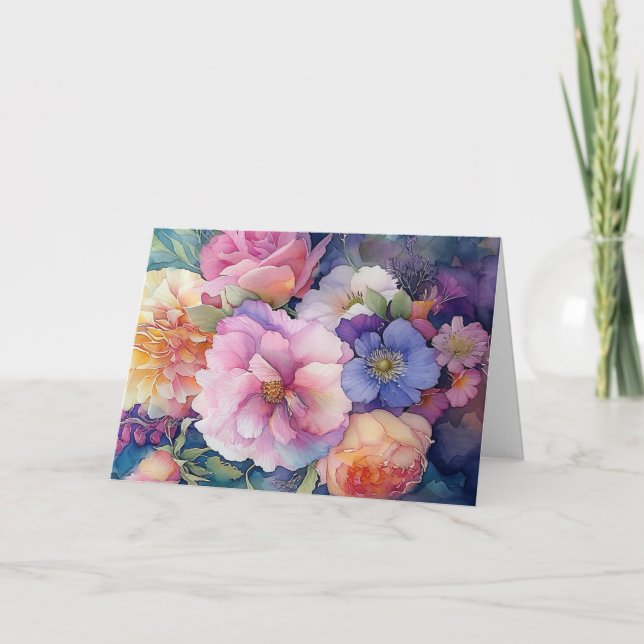 Colorful Watercolor Floral Blank Note Card  (Front)