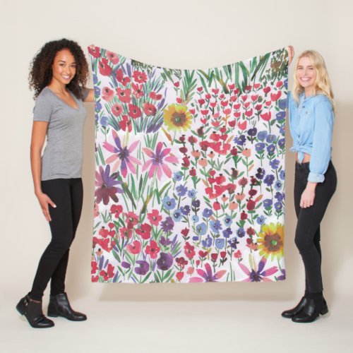 Colorful Watercolor Floral botanical Boho Garden Fleece Blanket