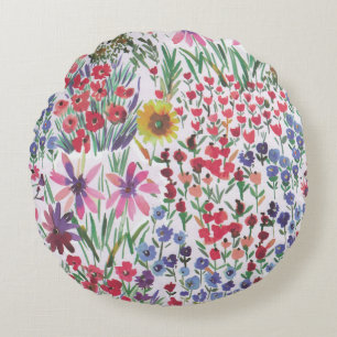 Colorful Watercolor Floral botanical Boho Garden Round Pillow