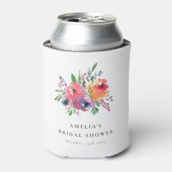 Colorful Watercolor Floral Bridal Shower Custom Can Cooler by LEAFandLAKE at Zazzle