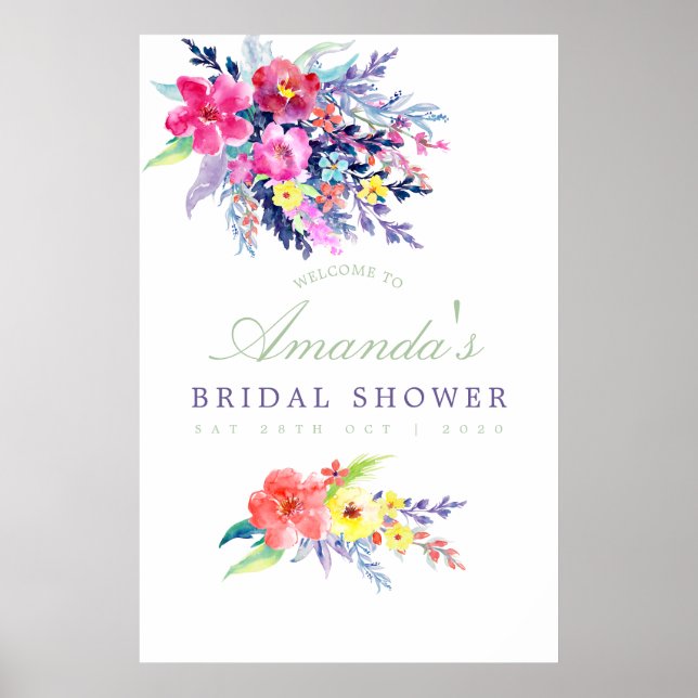 Colorful Watercolor Floral Bridal Shower Welcome Poster (Front)