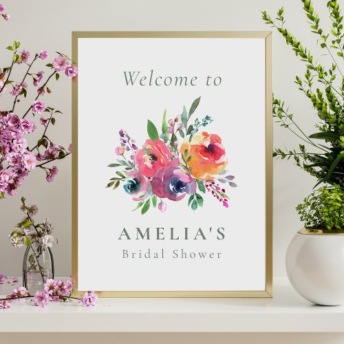 Colorful Watercolor Floral Bridal Shower Welcome Poster