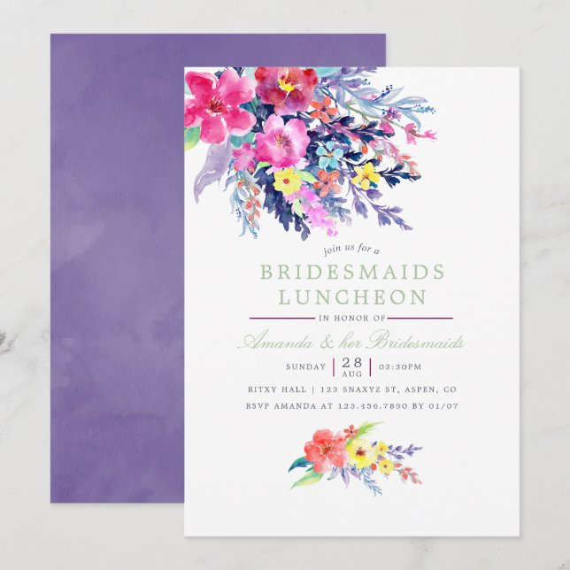 Colorful Watercolor Floral Bridesmaids Luncheon Invitation (Front/Back)