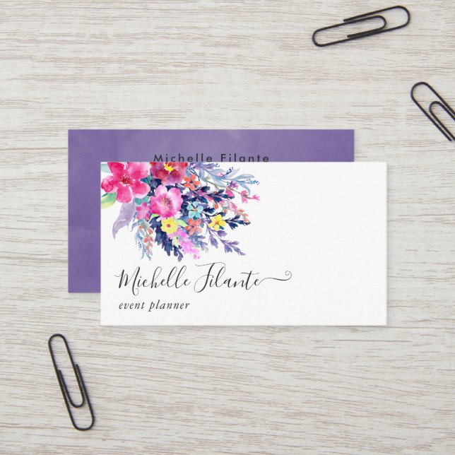 Colorful Watercolor Floral Business Card (Front/Back In Situ)
