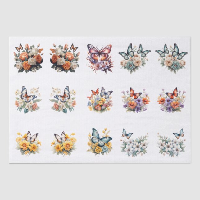 Colorful Watercolor Floral Butterflies Decoupage  Tissue Paper (Front)