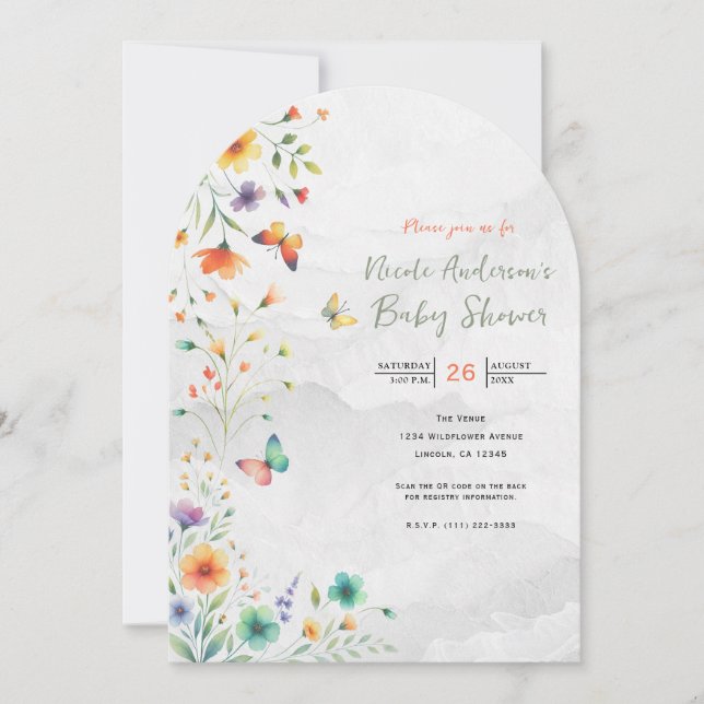Colorful Watercolor Floral Butterfly Baby Shower Invitation (Front)