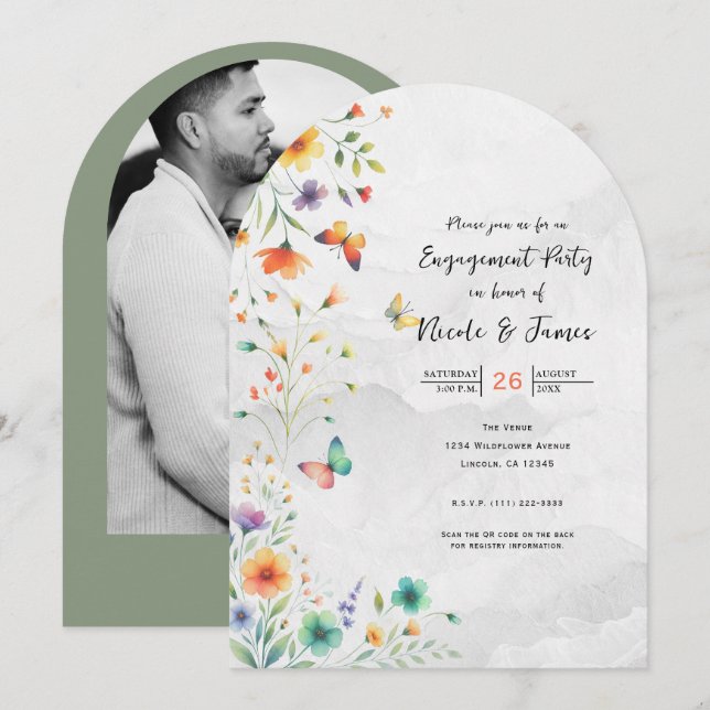 Colorful Watercolor Floral Butterfly Engagement Invitation (Front/Back)
