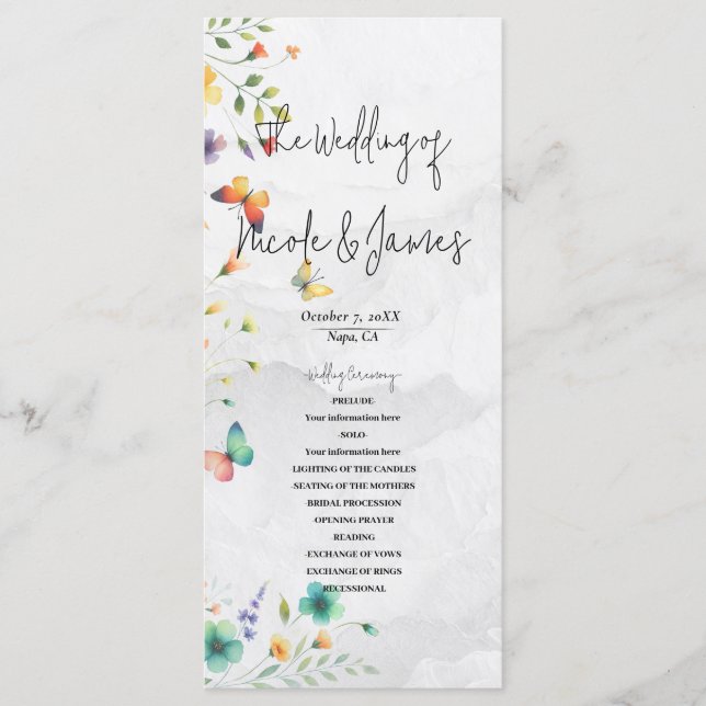 Colorful Watercolor Floral Butterfly Wedding  Program (Front)