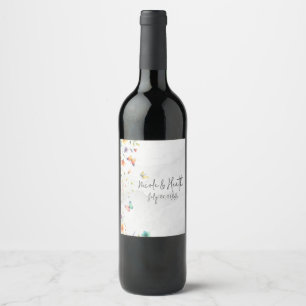 Colorful Watercolor Floral Butterfly Wedding Wine Label