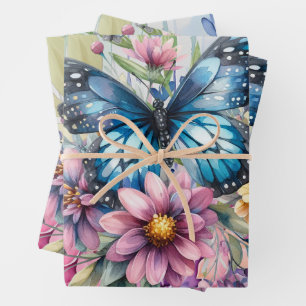Colorful Watercolor Floral Butterfly Wrapping Paper Sheets