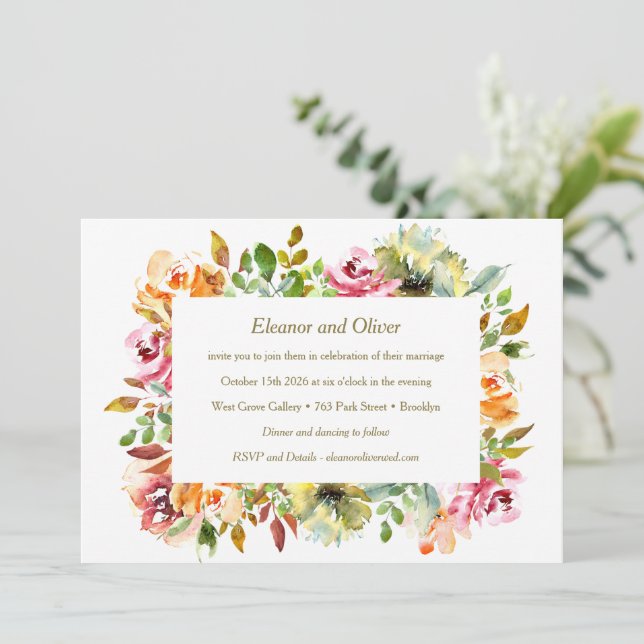 Colorful Watercolor Floral Earthy Greenery Wedding Invitation (Standing Front)