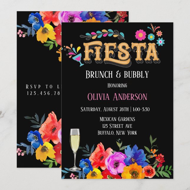 Colorful Watercolor Floral Fiesta Brunch &  Bubbly Invitation (Front/Back)