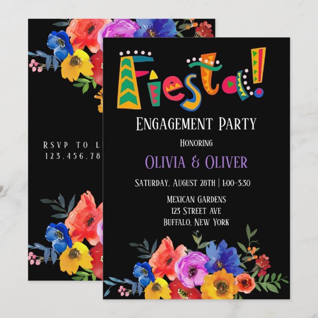 Colorful Watercolor Floral Fiesta Engagement Party Invitation (Front/Back)