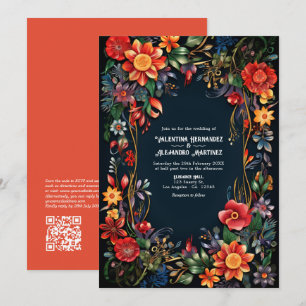 Colorful Watercolor Floral Fiesta Wedding QR Code Invitation