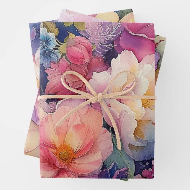 Colorful Watercolor Floral Gift Wrapping Paper (In situ)
