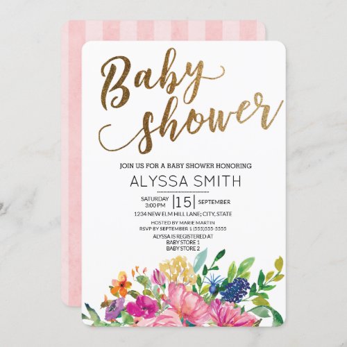 Colorful Watercolor Floral Gold White Baby Shower Invitation