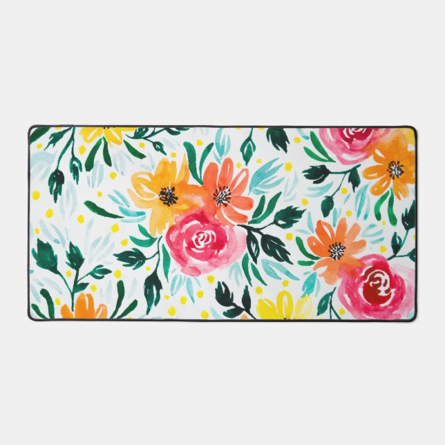 Colorful Watercolor Floral Illustration Pattern Desk Mat (Front)