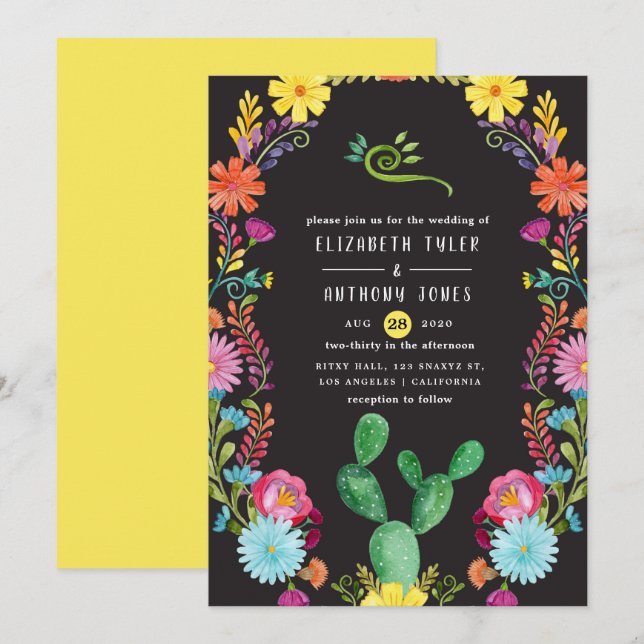 Colorful Watercolor Floral Mexican Fiesta Wedding Invitation (Front/Back)