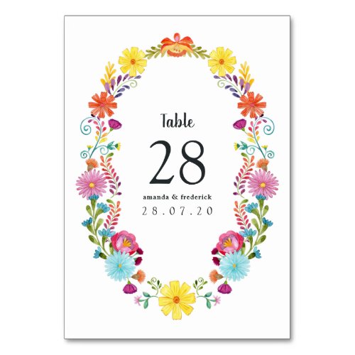 Colorful Watercolor Floral Mexican Fiesta Wedding Table Number