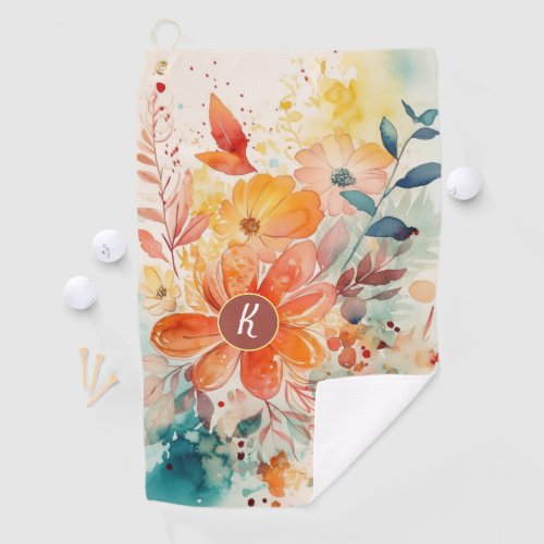 Colorful Watercolor Floral Monogram Golf Towel