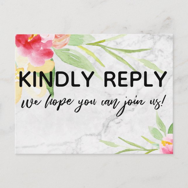 Colorful Watercolor Floral over Marble RSVP Postcard (Front)