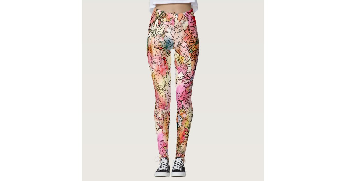 Colorful Watercolor Floral Pattern Abstract Sketch Leggings | Zazzle