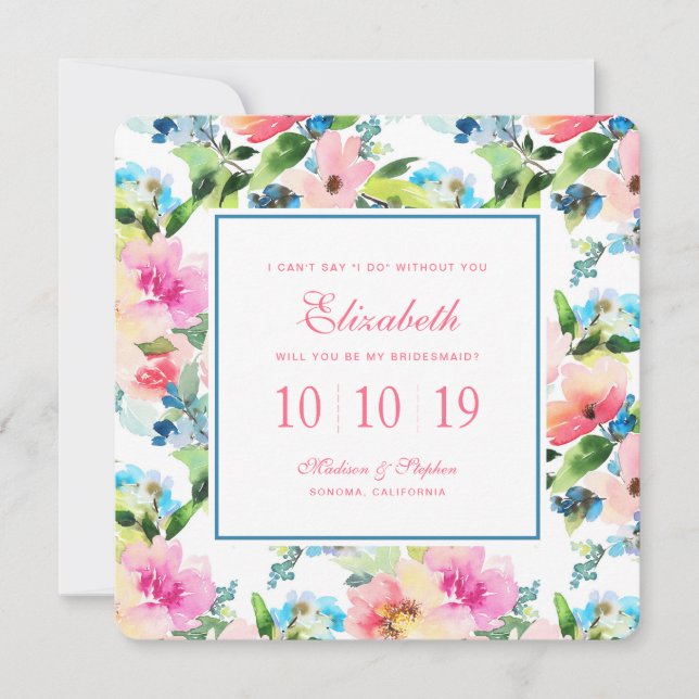 Colorful Watercolor Floral Pattern - Bridesmaid Invitation (Front)