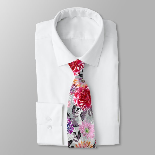 Colorful watercolor floral pattern. neck tie (Tied)