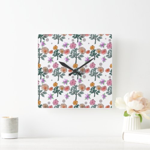 Colorful Watercolor Floral Pattern |  Square Wall Clock