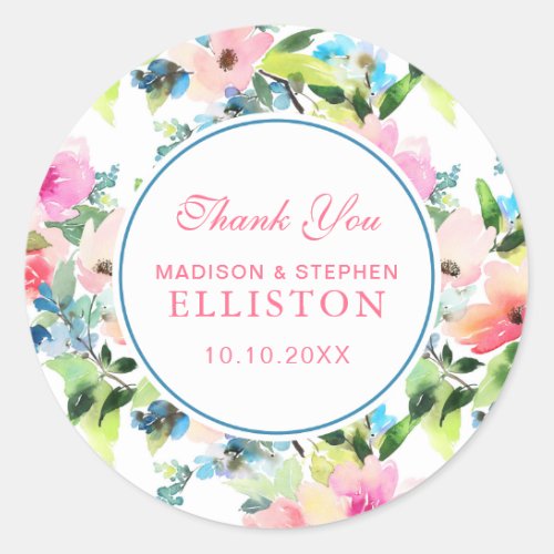 Colorful Watercolor Floral Pattern  Thank You Classic Round Sticker