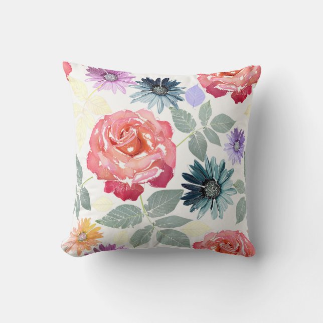 Colorful watercolor floral pattern.  throw pillow (Front)