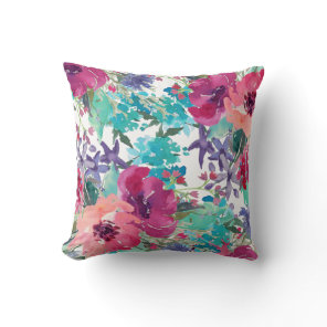 Colorful Watercolor Floral Pattern Throw Pillow