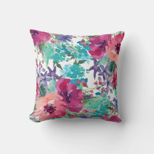 Colorful Watercolor Floral Pattern Throw Pillow