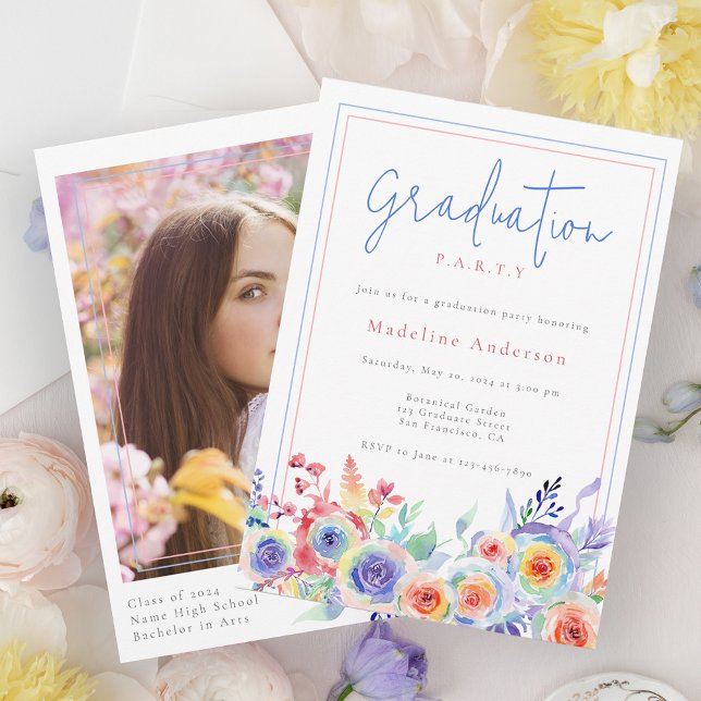 Colorful Watercolor Floral Photo Graduation Party Invitation (Creator Uploaded)