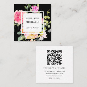Colorful Watercolor Floral QR Code Black Square Business Card