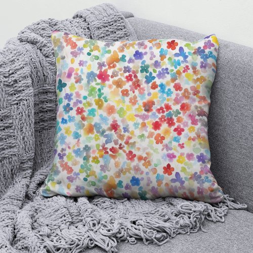 Colorful Watercolor Floral Rainbow Pattern Throw Pillow