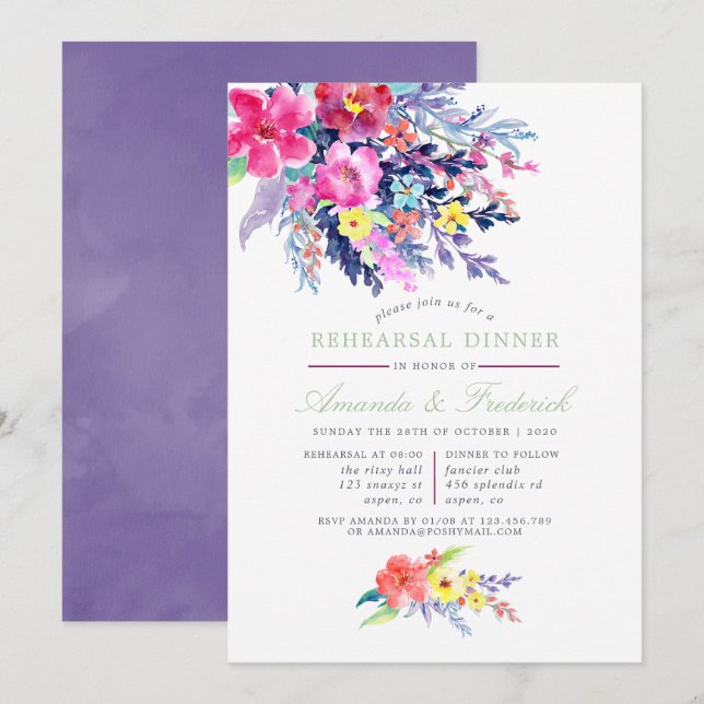 Colorful Watercolor Floral Rehearsal Dinner invite (Front/Back)