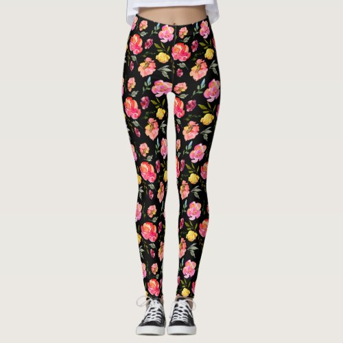 Colorful Watercolor Floral Rose Pattern Leggings