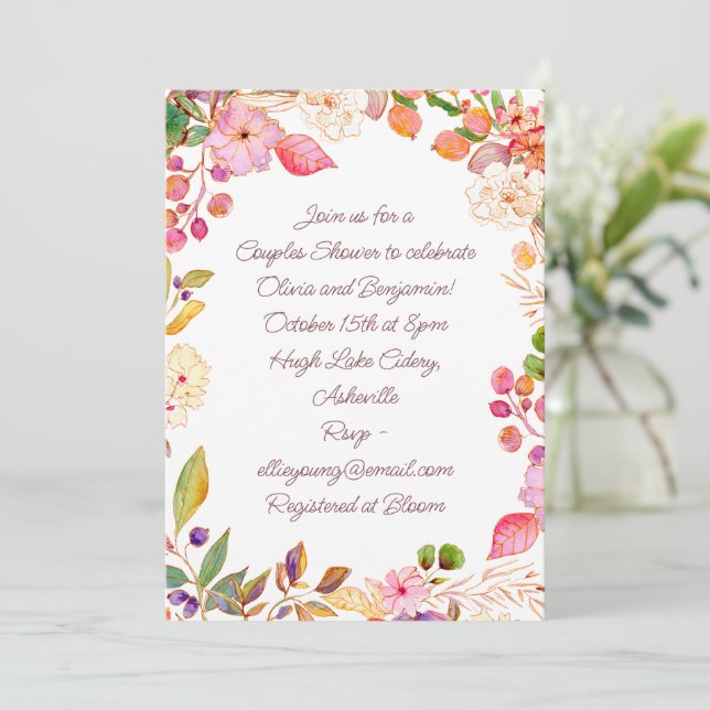 Colorful Watercolor Floral Script Couples Shower  Invitation (Standing Front)