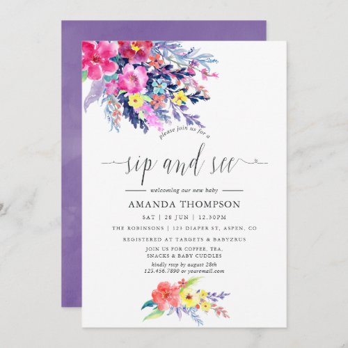 Colorful Watercolor Floral Sip and See Invitation