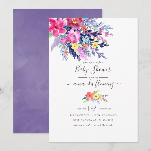 Colorful Watercolor Floral Spring Baby Shower Invitation (Front/Back)