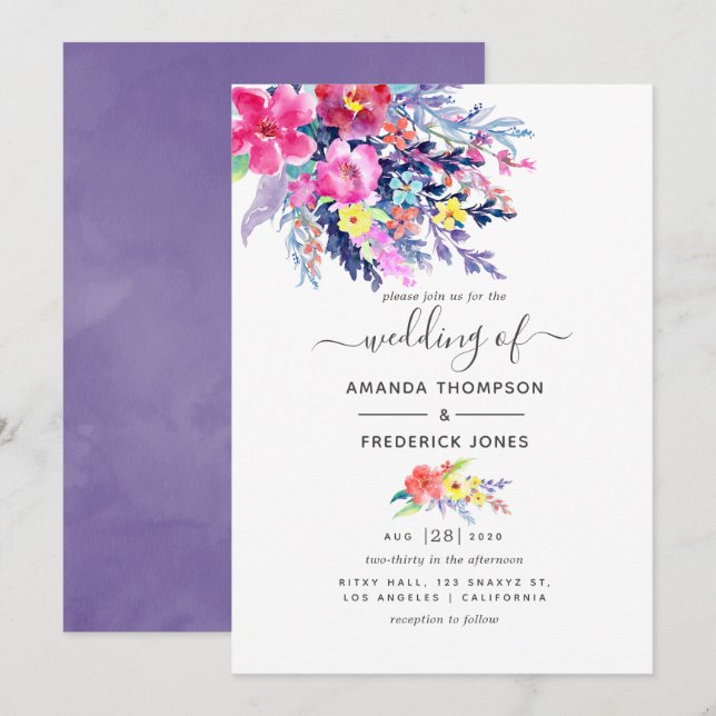 Colorful Watercolor Floral Spring Wedding Invitation (Front/Back)